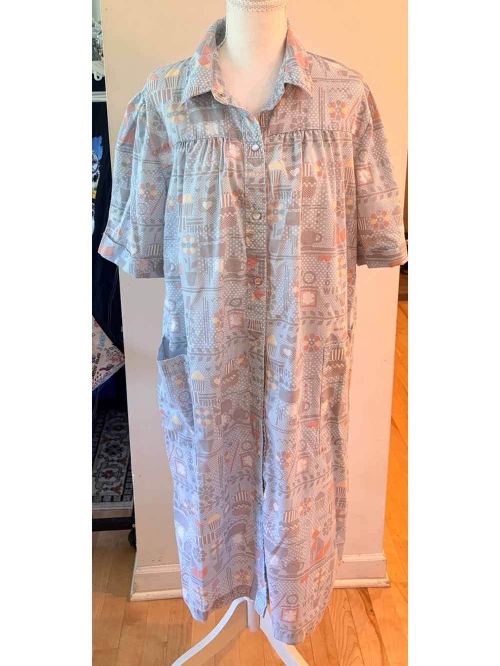 Vintage National Button-Front Mid-Length Dress with Pastel Floral and Cupcake Ge